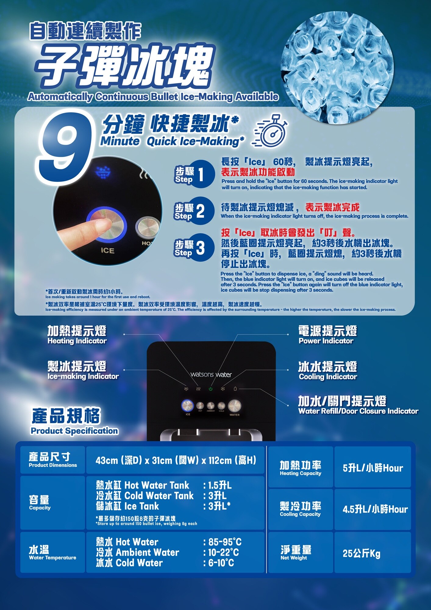 WATSONS WATER 屈臣氏蒸餾水 HC80L UFD UVC 上流式冷熱製冰水機